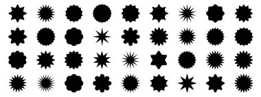 Bir dizi kırmızı yıldız patlaması. Fiyat etiketi, satış etiketi, fiyat etiketi, yıldız patlaması, kalite işareti, retro starlar, satış veya indirim etiketi, güneş ışığı çerçeveleri, promosyon rozeti seti, alışveriş etiketleri