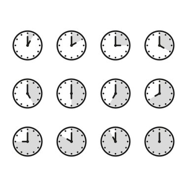 Zaman ve saat simgesi ayarlandı. Saat işaretimizin yarısı. 12 saat boyunca saat yönünde vektör illüstrasyonunu tamamladık. Analog duvar saatleri simgeleri ayarlandı.