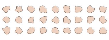 Organik renkli kabarcık şekilleri. Yuvarlak soyut organik şekil koleksiyonu. Çakıl taşı, damla ve taş siluetler. Rastgele soyut sıvı organik düzensiz benek şekilleri.