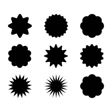 Bir dizi kırmızı yıldız patlaması. Fiyat etiketi, satış etiketi, fiyat etiketi, yıldız patlaması, kalite işareti, retro starlar, satış veya indirim etiketi, güneş ışığı çerçeveleri, promosyon rozeti seti, alışveriş etiketleri