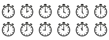 Zaman ve saat simgesi ayarlandı. Saat işaretimizin yarısı. 12 saat boyunca saat yönünde vektör illüstrasyonunu tamamladık. Analog duvar saatleri simgeleri ayarlandı.