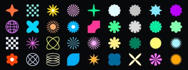 Set, geometrik şekiller koleksiyonu. Şekilleri farklı olan modaya uygun bir set. Bauhaus, fütürist, memphis. Siyah Bauhaus şekilleri, geometrik soyut şekiller..