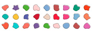 Organik renkli kabarcık şekilleri. Yuvarlak soyut organik şekil koleksiyonu. Çakıl taşı, damla ve taş siluetler. Rastgele soyut sıvı organik düzensiz benek şekilleri.