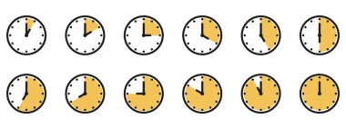 Zaman ve saat simgesi ayarlandı. Saat işaretimizin yarısı. 12 saat boyunca saat yönünde vektör illüstrasyonunu tamamladık. Analog duvar saatleri simgeleri ayarlandı.