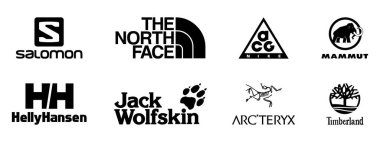 En iyi giyim markaları logolar. En popüler logo seti - NIKE, Mammut, The North Face, Columbia, Arcteryx, Jack Wolfskin, Salomon, Helly Hansen, Oakley, Patagonia, Outdoor Research ve diğerleri.