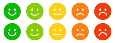 Mutluluktan üzüntüye, geri bildirim ve anketler için kullanılan memnuniyet derecesini temsil eden beş renkli emoji yüzü.