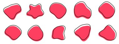 Organik renkli kabarcık şekilleri. Yuvarlak soyut organik şekil koleksiyonu. Çakıl taşı, damla ve taş siluetler. Rastgele soyut sıvı organik düzensiz benek şekilleri.