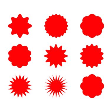 Bir dizi kırmızı yıldız patlaması. Fiyat etiketi, satış etiketi, fiyat etiketi, yıldız patlaması, kalite işareti, retro starlar, satış veya indirim etiketi, güneş ışığı çerçeveleri, promosyon rozeti seti, alışveriş etiketleri