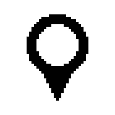 Piksel resim tarzında konum pin şablonları. Tabanlı siyah katı harita işaretleyici simgesi. GPS, navigasyon, etiketler. Beyaz arkaplanda izole.