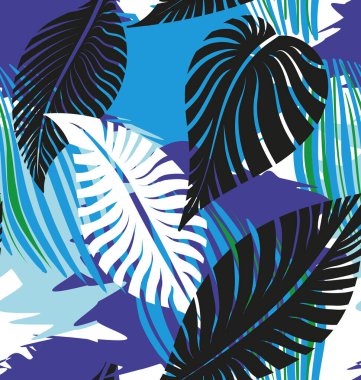 Tropikal yaprakların kusursuz deseni, vektör illüstrasyonu