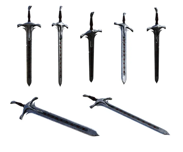 Vykreslení Ilustrace Kolekce Fantasy Stříbrný Meč Izolované — Stock fotografie