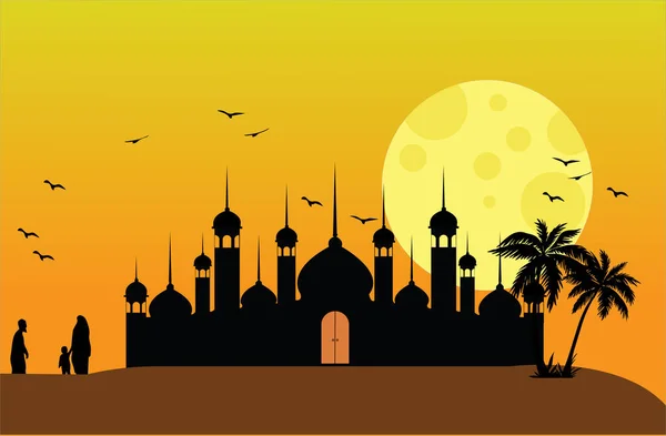 Silhueta Mesquita Com Lua Céu — Vetor de Stock