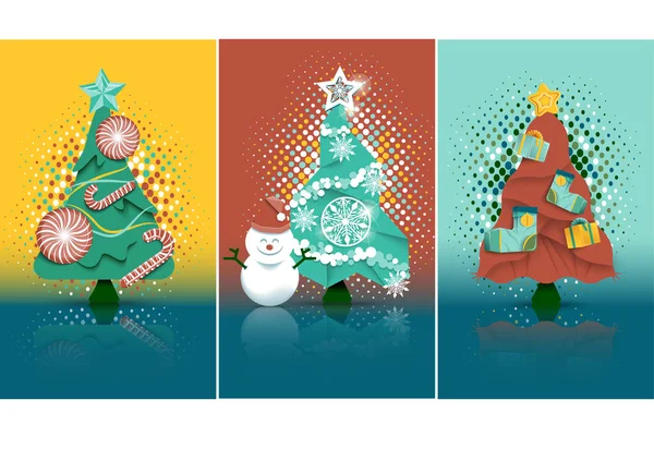 Hoş dekorasyonları ve vektör çizimleriyle Noel ağaçları dizileri.