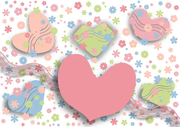 Paper-cut hearts and flowers, cute colors, vector illustrations.