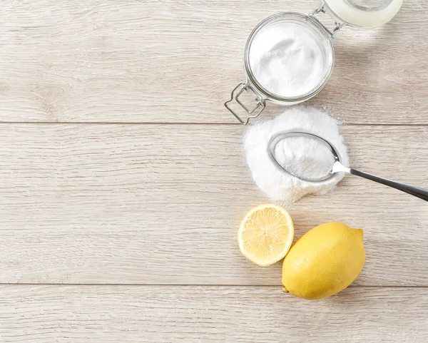 Bakımı Kabartma Tozu Limonla Doğal Sağlıklı Temizlik Üst Manzara Çevre — Stok fotoğraf