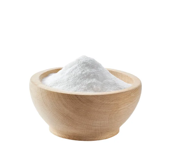 Bicarbonate Sodium Dans Une Plaque Bois Isolée Sur Fond Blanc — Photo