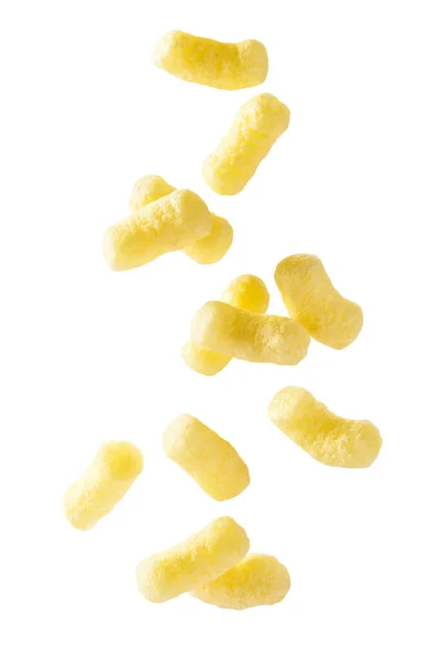 Fallen Knusprige Mais Snacks Isoliert Auf Weißem Hintergrund Fallende Luftmaisstäbe — Stockfoto
