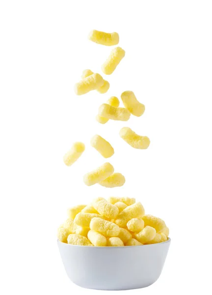 Fallen Leckere Knusprige Mais Snacks Einer Schüssel Isoliert Auf Weißem — Stockfoto