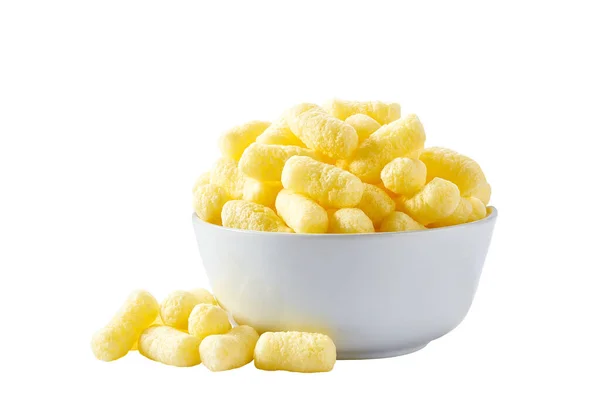 Knusprige Mais Snacks Einem Keramikteller Großaufnahme Isoliert Auf Weißem Hintergrund — Stockfoto