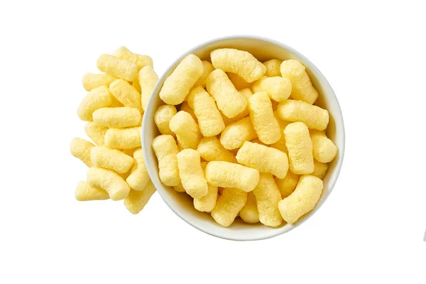 Knusprige Mais Snacks Quellen Isoliert Auf Weißem Hintergrund Aus Dem — Stockfoto