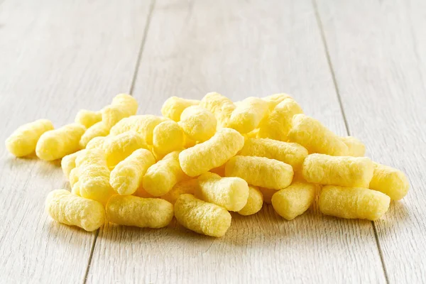 Crunchy Corn Snacks White Wooden Table Selective Focus — Stock Photo, Image