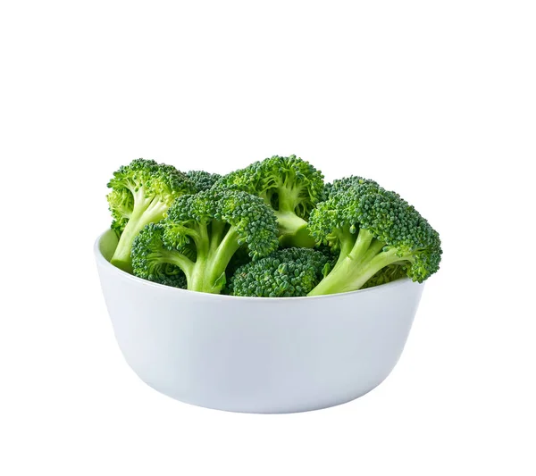 Świeże Surowe Brokuły Ceramicznej Misce Wyizolowane Białym Tle — Zdjęcie stockowe