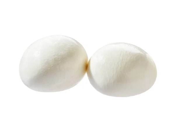 Two pieces of mozzarella Buffalo cheese balls isolated on white background.