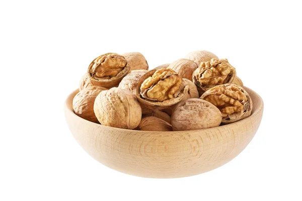 Wooden Plate Organic Walnuts Nuts Isolated White Background Top View — Stok fotoğraf