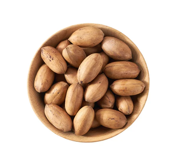 Wooden Plate Organic Pecan Nuts Isolated White Background Top View — Stok fotoğraf