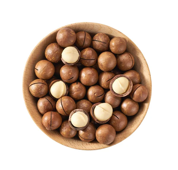 Wooden Plate Organic Macadamia Nuts Isolated White Background Top View — Foto de Stock