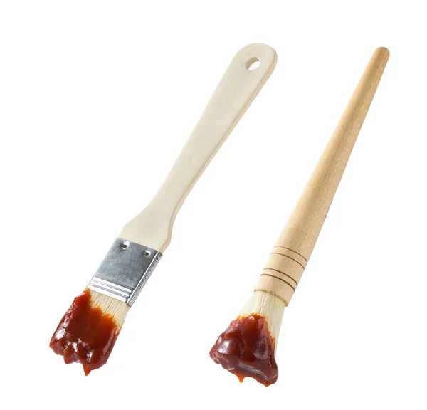 Wooden Culinary Brush Dipped Barbecue Sauce Isolated White Background Basting — Stockfoto