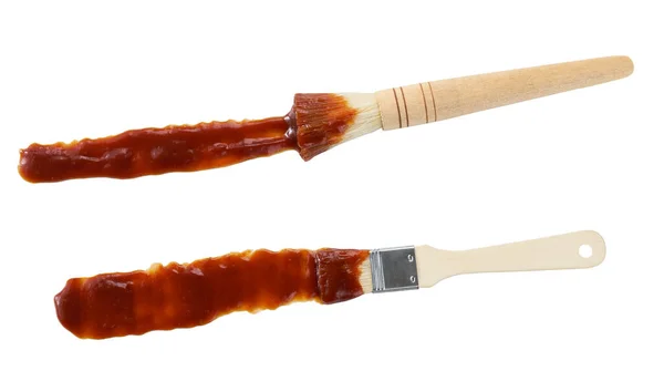 Wooden Culinary Brush Dipped Barbecue Sauce Isolated White Background Basting — Fotografia de Stock