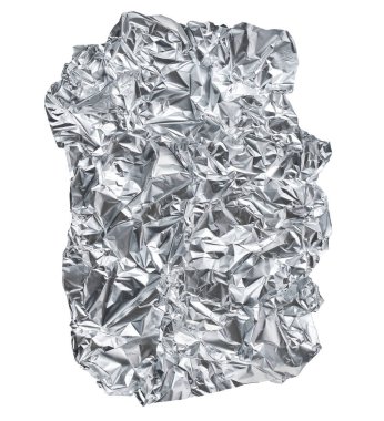 Small pieces of crumpled aluminum foils isolated on a white background.