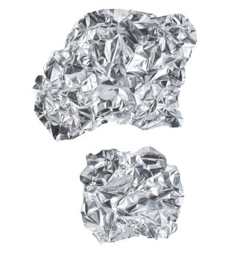 Small pieces of crumpled aluminum foils isolated on a white background, top view.