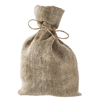 full burlap sack or sackcloth bag, isolated on white background. Tied burlap bag isolated on white.