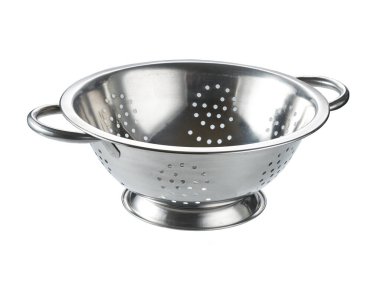Steel strainer sieve metal bowl isolated on a white background.