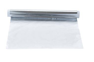 Household aluminium foil for food packaging. Aluminum foil for baking and roasting close-up. Wrapping food foil isolated on a white background.