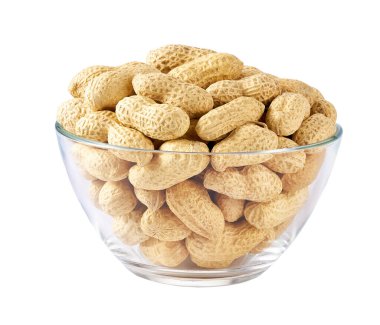 peanuts in a glass bowl isolated on white background.