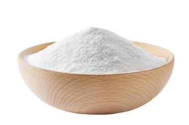 baking soda in a wooden bowl isolated on white background.