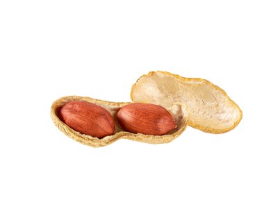 Wooden plate with organic peanuts isolated on white background.