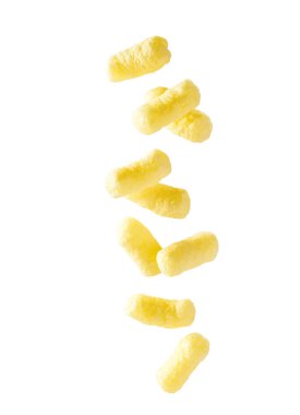 Falling tasty sweet corn sticks, isolated on white background.