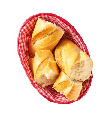 french baguette bread on red check cloth in basket isolated on white, top view.