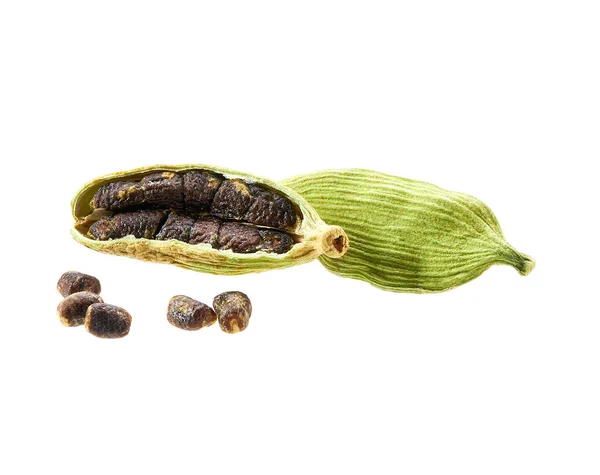 Tobolky Kardamomu Semena Izolovaných Bílém Pozadí — Stock fotografie