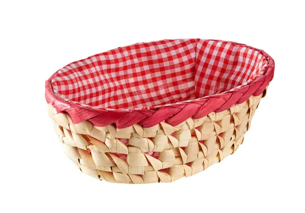 Empty Bread Basket Red White Checkered Cloth Isolated White Background — Stock Photo, Image