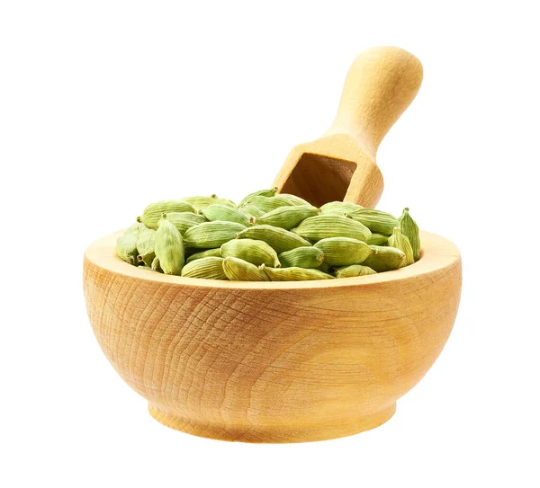 Wooden Bowl Dry Cardamom Seeds Isolated White — Foto Stock