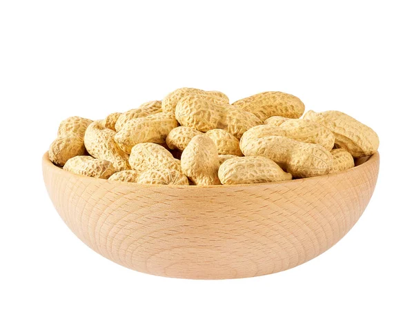 peanuts in shell in wooden bowl isolated on white background.