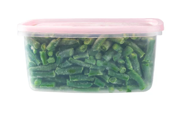 Donmuş Sebzeler Plastik Bir Kabın Içinde Donmuş Yeşil Fasulye Derin — Stok fotoğraf