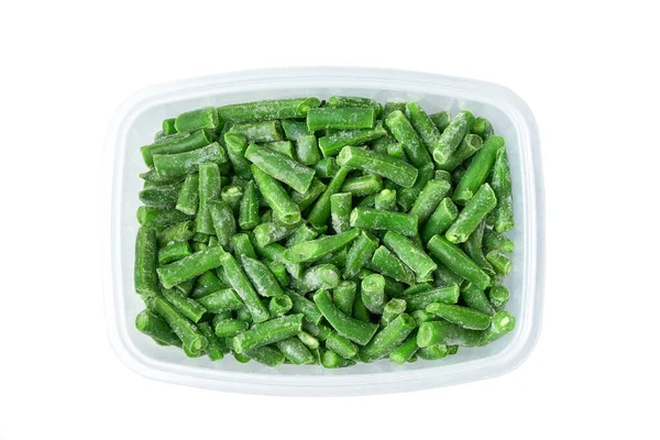 Feijão Verde Congelado Recipiente Plástico Estocando Legumes Para Armazenamento Inverno — Fotografia de Stock