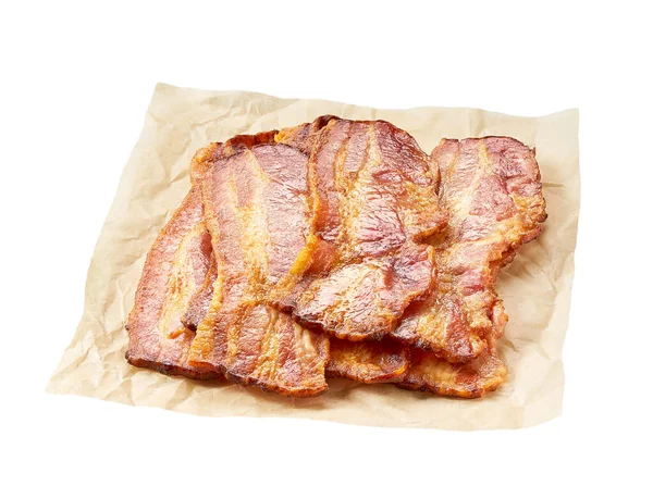 Cooked Bacon Rashers Parchment Isolated White Background Fried Bacon Strips — Stock Photo, Image