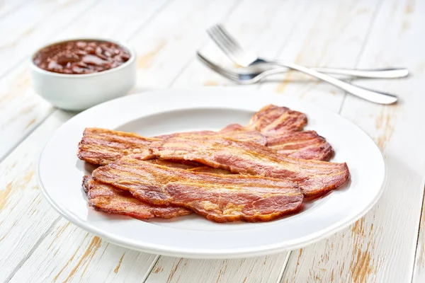 Fried Bacon Bbq Sauce Dish White Table — Stock Photo, Image